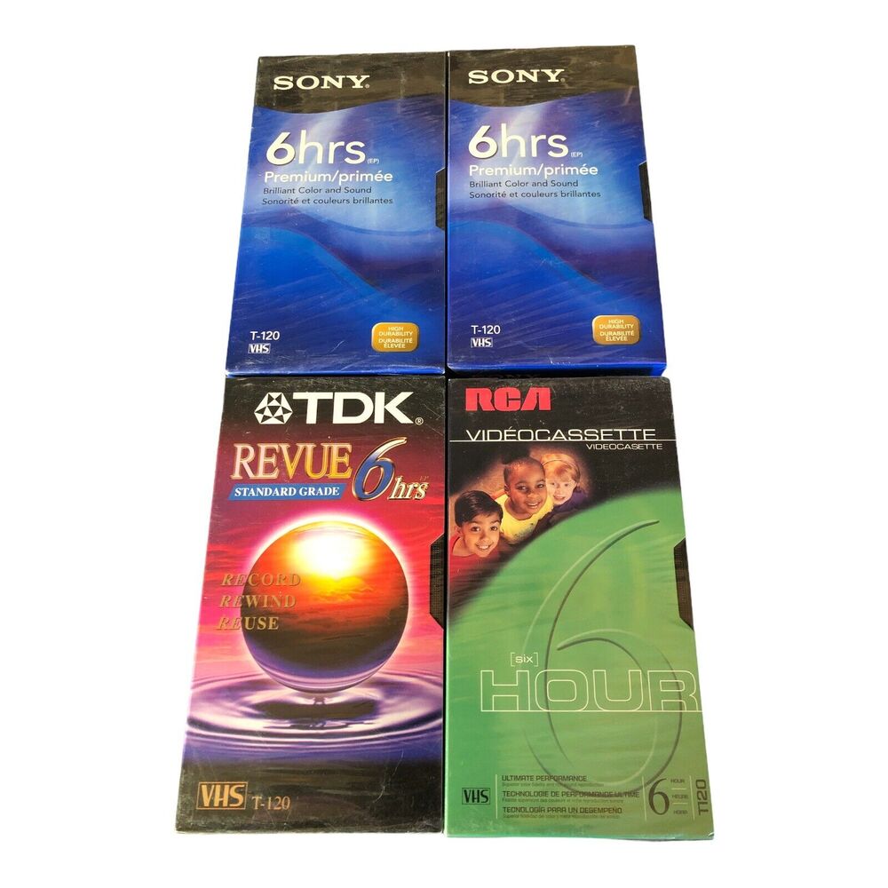 4 Tape VHS SONY T-120 TDK Revue RCA T120 6 Hr Factory Sealed Blank Media Lot